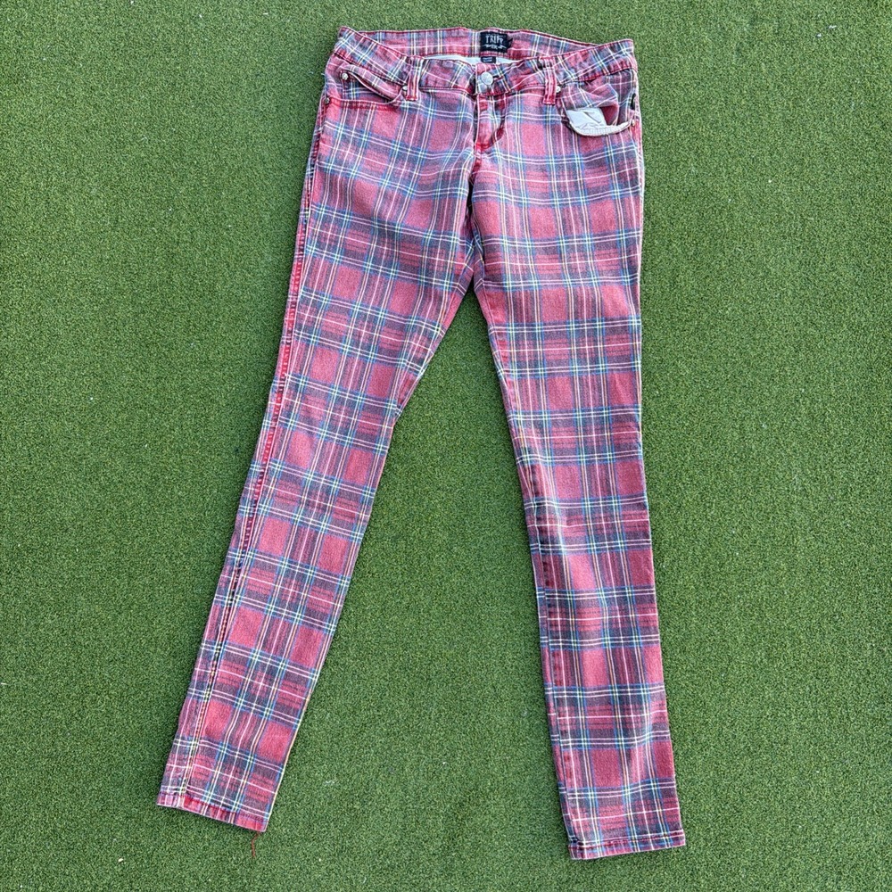 Vintage Y2K Tripp NYC Red Tartan Plaid Pants Size 30 Skinny Jeans Low Rise
